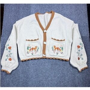 ROMWE Women's Ivory Embroidered Fairycore Cropped Cardigan Sweater XL Whimsical